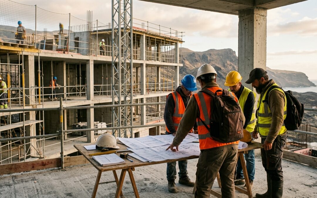 Reunión de dirección facultativa sobre planos en una obra en Canarias